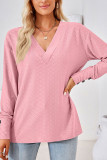 Plain V Neck Buttoned Cuff Jacquard Long Sleeves Top