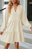 Plain V Neck Jacquard Tiered Dress