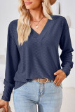 Plain V Neck Buttoned Cuff Jacquard Long Sleeves Top