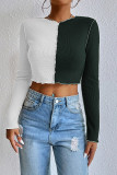 Colorblock Waffle Long Sleeves Crop Top