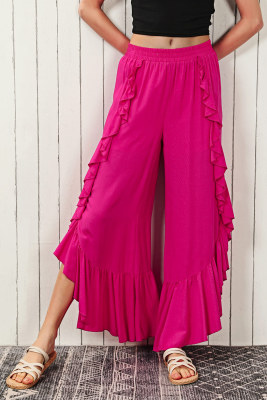 Rose Ruffle Slit High Waist Wide Leg Pants