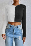 Colorblock Waffle Long Sleeves Crop Top