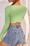 Color Block Rib Long Sleeves Crop Top