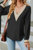 Plain V Neck Lace Jacquard Long Sleeves Top