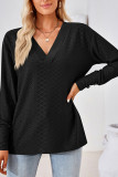 Plain V Neck Buttoned Cuff Jacquard Long Sleeves Top