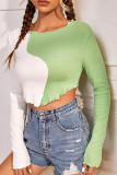 Color Block Rib Long Sleeves Crop Top