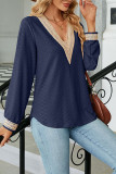 Plain V Neck Lace Jacquard Long Sleeves Top