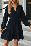 Plain V Neck Jacquard Tiered Dress