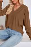 Plain V Neck Buttoned Cuff Jacquard Long Sleeves Top