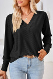 Plain V Neck Buttoned Cuff Jacquard Long Sleeves Top
