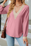 Plain V Neck Lace Jacquard Long Sleeves Top