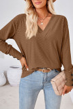 Plain V Neck Buttoned Cuff Jacquard Long Sleeves Top