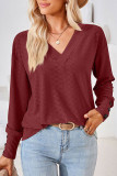 Plain V Neck Buttoned Cuff Jacquard Long Sleeves Top