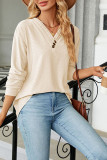 Plain V Neck Buttoned Tuck Jacquard Long Sleeves Top
