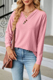 Plain V Neck Buttoned Tuck Jacquard Long Sleeves Top