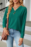 Plain V Neck Buttoned Tuck Jacquard Long Sleeves Top