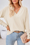 Plain V Neck Buttoned Cuff Jacquard Long Sleeves Top