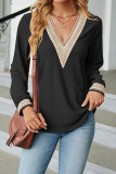 Plain V Neck Lace Jacquard Long Sleeves Top