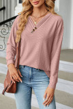Plain V Neck Buttoned Tuck Jacquard Long Sleeves Top