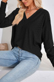 Plain V Neck Buttoned Cuff Jacquard Long Sleeves Top