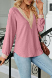Plain V Neck Lace Jacquard Long Sleeves Top