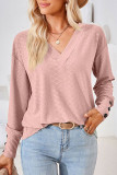 Plain V Neck Buttoned Cuff Jacquard Long Sleeves Top