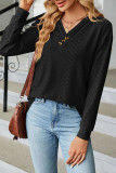 Plain V Neck Buttoned Tuck Jacquard Long Sleeves Top