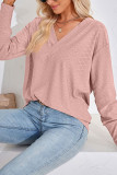 Plain V Neck Buttoned Cuff Jacquard Long Sleeves Top