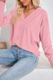 Plain V Neck Buttoned Cuff Jacquard Long Sleeves Top