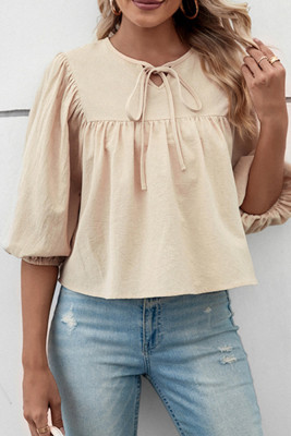 Khaki Half Sleeves Lace Knot Top