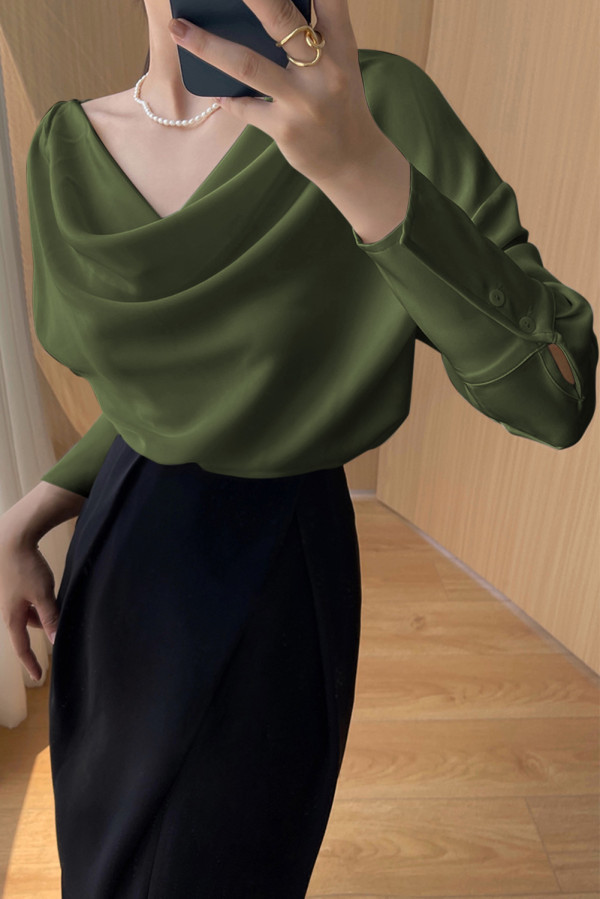 Green Cowl Neck Long Sleeve Elegant Blouse
