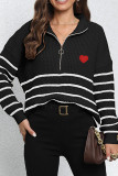 Zipper Down Striped Heart Embroidery Pullover Sweater