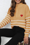Zipper Down Striped Heart Embroidery Pullover Sweater