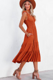 Brown U-Neck Sleeveless Ruched Tiered Ruffled Midi Dress