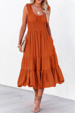 Brown U-Neck Sleeveless Ruched Tiered Ruffled Midi Dress