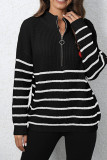 Zipper Down Striped Heart Embroidery Pullover Sweater