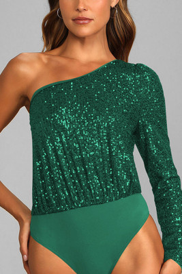Plain Sequin One Shoulder Bodysuit