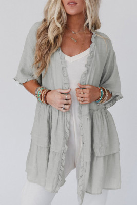 Gray Ruffled Trim Half Sleeve Open Front Kimono