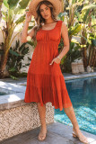 Brown U-Neck Sleeveless Ruched Tiered Ruffled Midi Dress