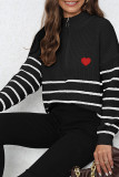Zipper Down Striped Heart Embroidery Pullover Sweater