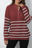 Zipper Down Striped Heart Embroidery Pullover Sweater