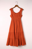 Brown U-Neck Sleeveless Ruched Tiered Ruffled Midi Dress