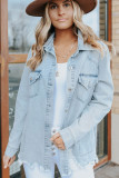 Sky Blue Flap Pocket Buttoned Raw Hem Denim Jacket