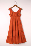 Brown U-Neck Sleeveless Ruched Tiered Ruffled Midi Dress