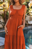 Brown U-Neck Sleeveless Ruched Tiered Ruffled Midi Dress