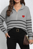 Zipper Down Striped Heart Embroidery Pullover Sweater