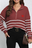 Zipper Down Striped Heart Embroidery Pullover Sweater