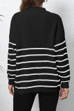 Zipper Down Striped Heart Embroidery Pullover Sweater