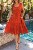 Brown U-Neck Sleeveless Ruched Tiered Ruffled Midi Dress
