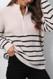 Zipper Down Striped Heart Embroidery Pullover Sweater